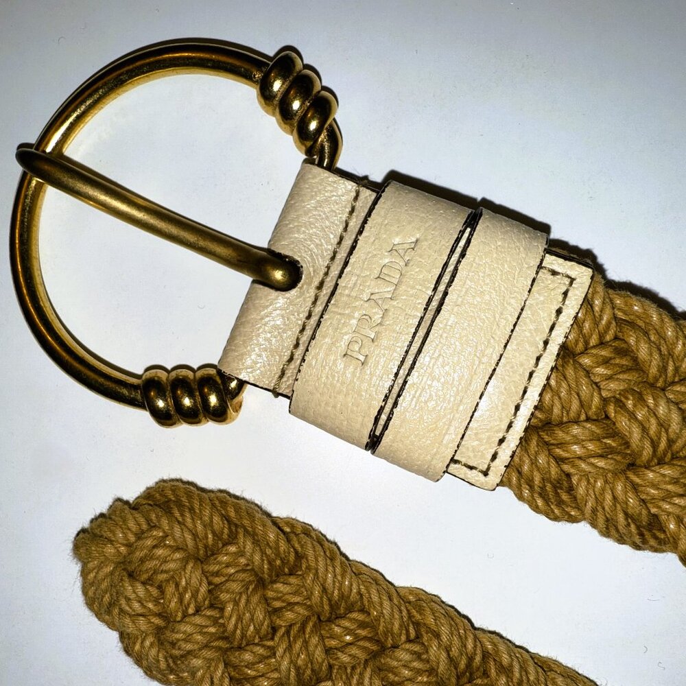 Prada Tan & Cream Woven Belt - Gold Buckle - Effortless, Quiet Luxury